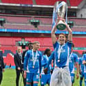 Hector Kyprianou celebrates the Posh win at Wembley in the 2025 final of the Vertu Trophy. Photo David Lowndes.