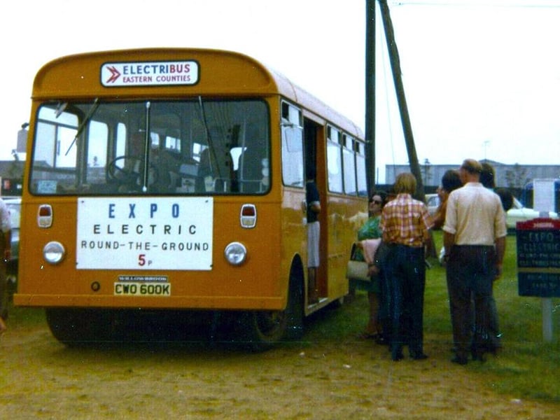 Eastern Counties Crompton Electrobus at the Peterborough Show in 1973