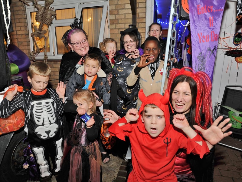 Taken in 2017. Halloween House at Bringhurst, Orton Goldhay. Debbie Gale with her children and young guests.