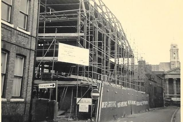 The construction of new offices in Priestgate (20th April 1971).   Now this building is called 'St. James House' and is residential.