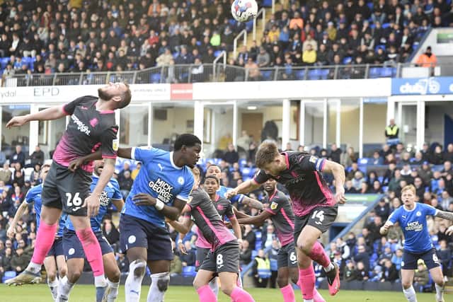 Posh star Ephron Mason-Clark in the Exeter City penalty area. Photo: David Lowndes.