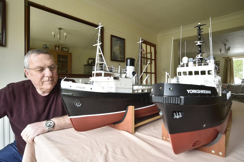 John Gardner with his models of the Yorkshireman and Envoy tugs