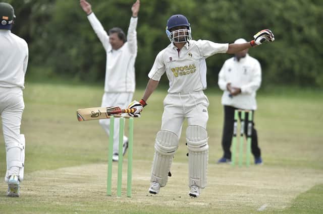 Nassington batsman Martim Cordeira is dismissed by Shez Butt of Werrington in a Hunts Division Two match last weekend. Photo: David Lowndes.