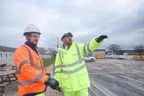 Transport minister Richard Holden (right) with contractor representative Luke Presho at the A585 Windy Harbour to Skippool site