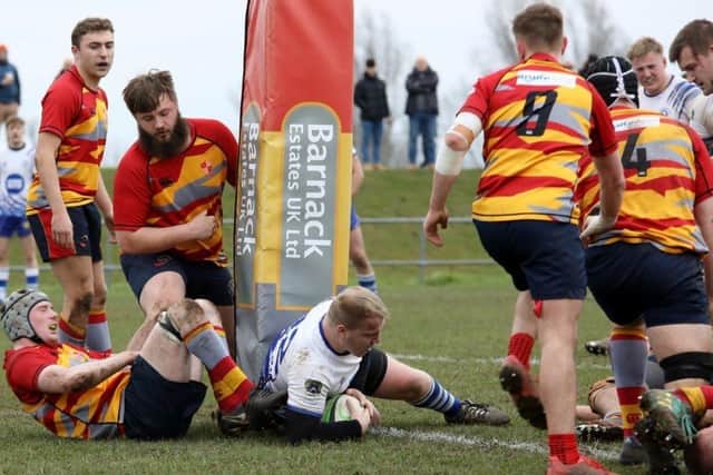 Dean Elmore scores a try for Peterborough Lions at Peterborough RUFC. Photo: Mick Sutterby.