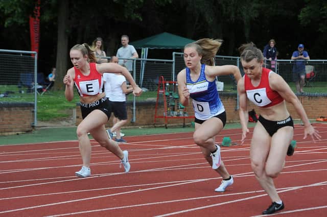 Athletics at the Embankment. Peterborough and Nene Valley Athletics Club runner Keira Gilman in the seniors 100m sprint