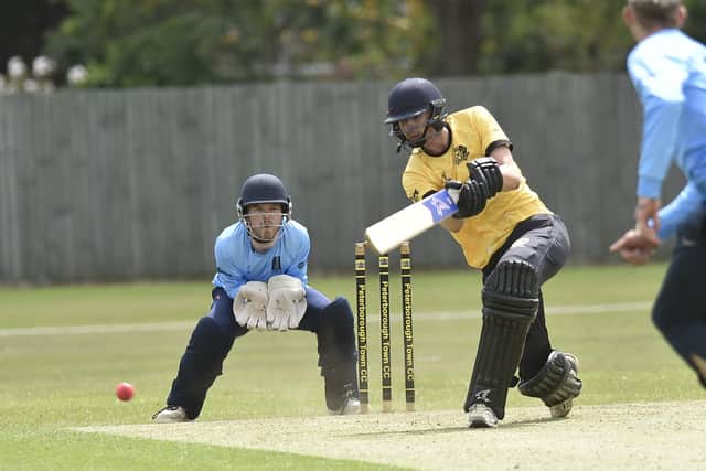 Josh Smith on his way to 27 for Peterborough Town against Geddington in the Northants T20 Championships at Bretton Gate. Photo: David Lowndes.