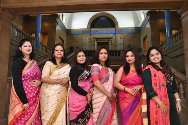 The Ritu Ranga Bengali dancers at Peterborough Town Hall: (from left to right) Monisha Roberts, Priyanka Dutta, Moumita Bhattacharyya, Sharmistha Chatterjee, Anamika Ghosh, Amrita Chakraborty.