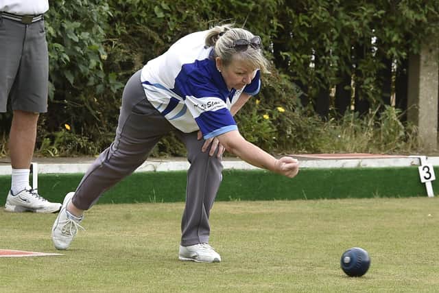Rita Downs bowling for Blackstones in the Mick Lewin Trophy Final. Photo: David Lowndes.