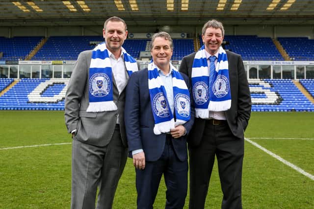 Darragh MacAnthony (left), Stewart 'Randy' Thompson (centre) and Dr Jason Neale after becoming co-Posh owners in 2018. Photo: Joe Dent/theposh.com