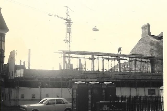 The construction of Barclays Bank, Cathedral Square. Photograph taken 25th October 1970 from the rear of the Guildhall.