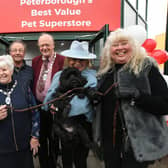At the opening of Jollyes Pet Store in Maskew  Avenue, Peterborough, with Jollyes' chief executive Joe Wykes, deputy Mayor of Peterborough Nick Sandford, deputy Mayoress Bella Saltmarsh, Keith Dalton and Clare Tod, store manager Tracy Shippam and  Pauline Makey with Scamp the Dog.