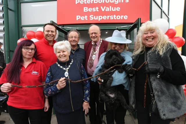 At the opening of Jollyes Pet Store in Maskew  Avenue, Peterborough, with Jollyes' chief executive Joe Wykes, deputy Mayor of Peterborough Nick Sandford, deputy Mayoress Bella Saltmarsh, Keith Dalton and Clare Tod, store manager Tracy Shippam and  Pauline Makey with Scamp the Dog.