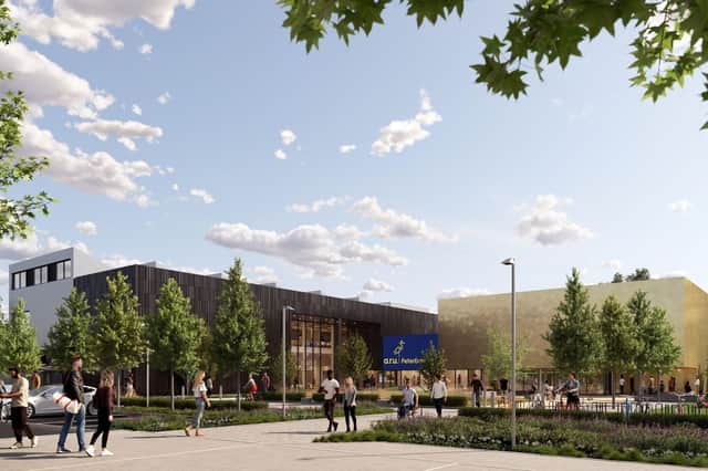 A CGI image of the second teaching building- incorporating the Living Lab- at the Anglia Ruskin University Peterborough campus.