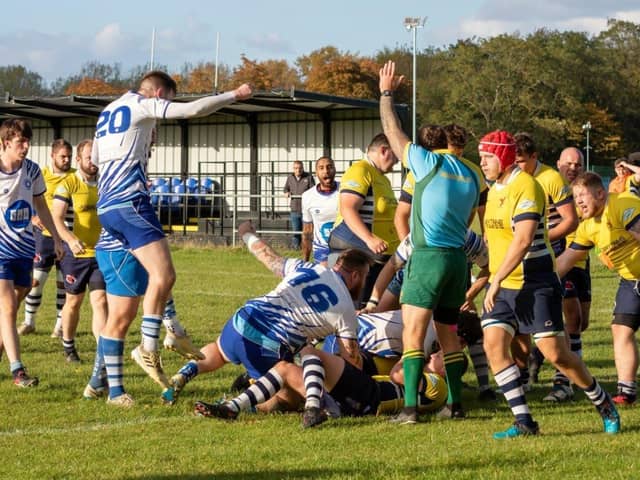 Peterborough Lions celebrate a try against Leighton Buzzard. Photo: Mick Sutterby