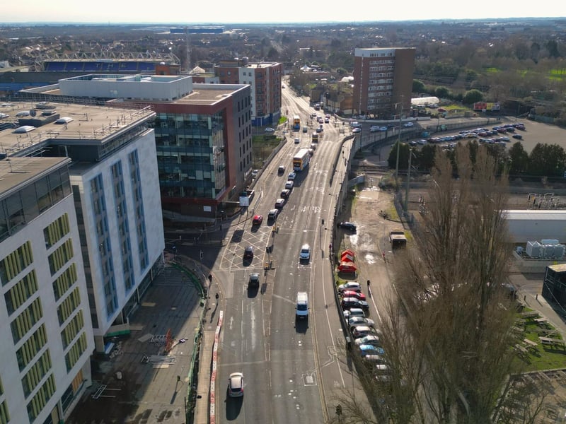 The Hilton Garden Inn to the left with view from Town Bridge, Peterborough