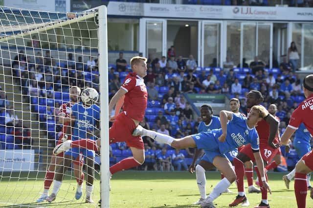 Hector Kyprianou scores for Posh v Orient earlier this season. Photo David Lowndes.