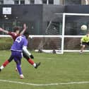 Action from Stanground 3, Park Farm 1 in an Under 18 League Cup quarter-final. Stanground (purple) won 3-1. Photo: David Lowndes.