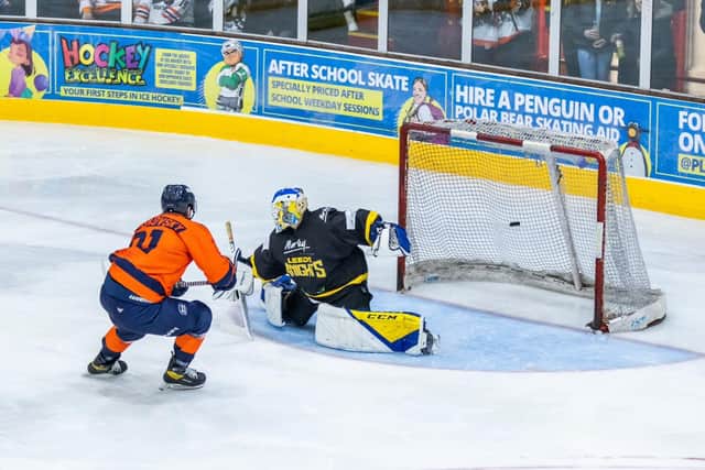 Lukas Sladkovsky scores for Phantoms v Leeds in the National League Cup Final first leg. Photo: SBD Photography