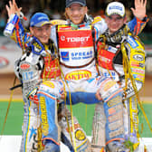 Jason Crump celebrates after winning the British speedway grand prix at the Millennium Stadium, Cardiff in June, 2009. He is joined by Panthers legen Hans Andersen (right) who was third and Fredrik Lindgren of Sweden who came second. Photo: Andrew Yates/AFP via Getty Images.