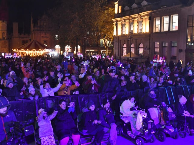 Switching on of the Christmas lights 2023 at Peterborough Cathedral Square.
