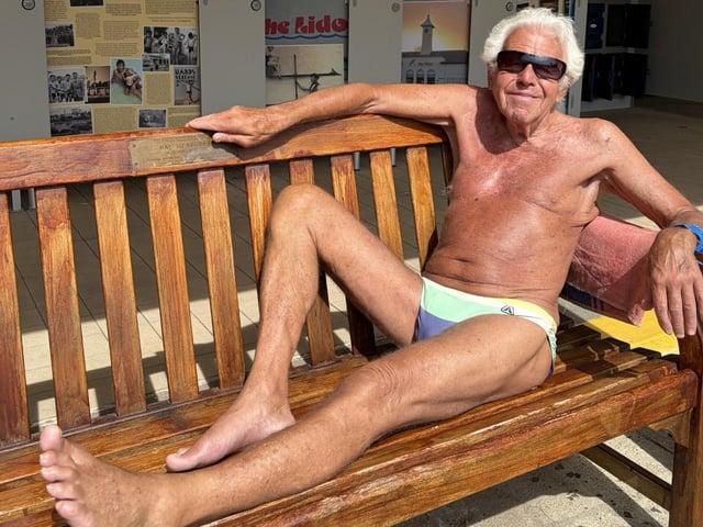 Bill Marriott, aged 90,  relaxing before his 50metre swimming race
