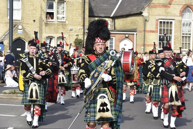 The Peterborough Highland Pipe Band marching on Broad Street