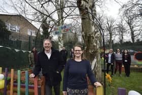Alan Dowson and head teacher Becky Thompson at the opening of a sensory garden at Brewster Avenue infants school.
