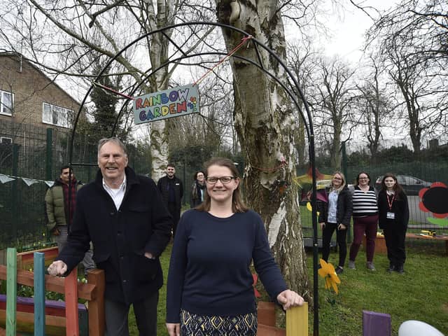 Alan Dowson and head teacher Becky Thompson at the opening of a sensory garden at Brewster Avenue infants school.