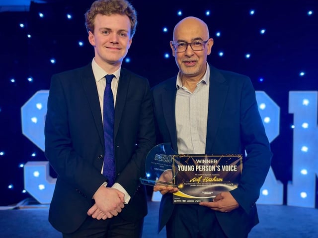 Young Person's Voice winner Arif Hasham presented by North West Cambridgeshire MP Sam Carling, left.