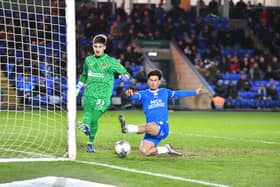 Joel Randall in action for Posh against Northampton. Photo David Lowndes.