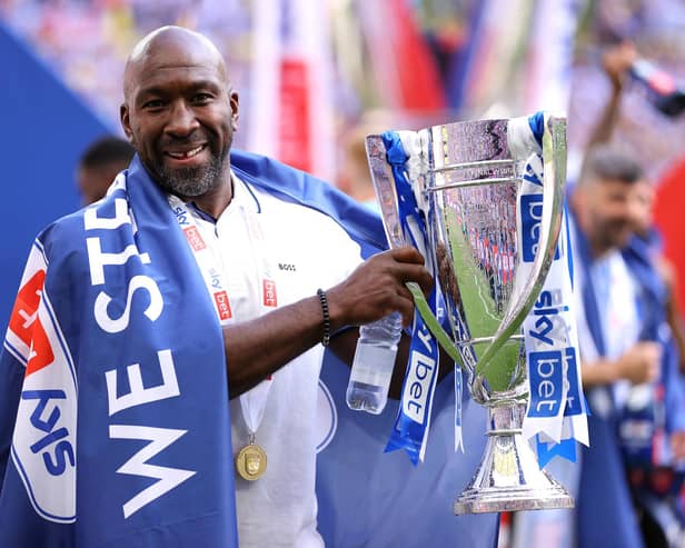 Manager Darren Moore after Sheffield Wednesday's promotion to the Championship. (Photo by Richard Heathcote/Getty Images).