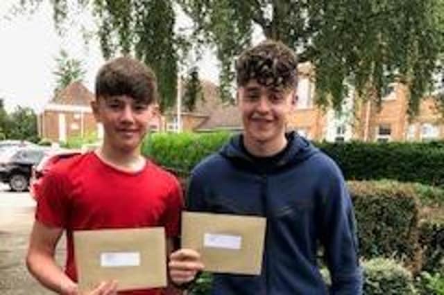 Archie Wayman and Charlie Munns celebrating their grades at Cromwell Community College