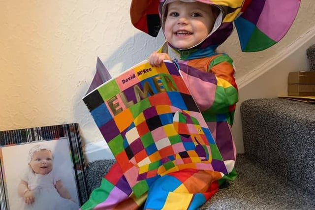 Lyla all set for nursery in her Elmer costume. The colours in this are sure to brighten anyones day!