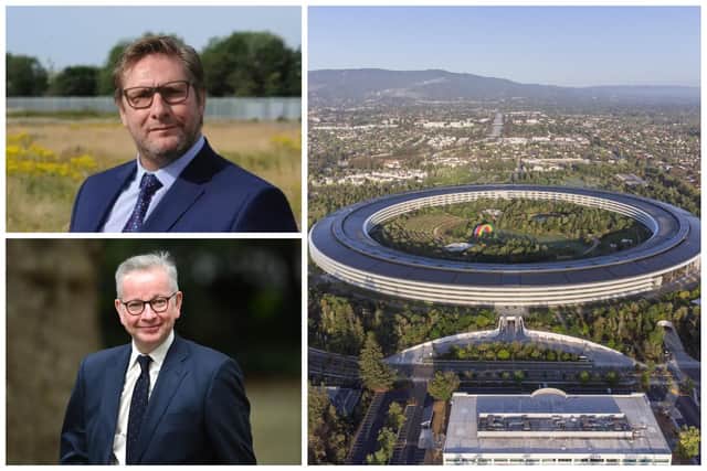A call has been made for more Peterborough involvement in plans to create a Silicon East to rival the US's Silicon Valley, right, from James Palmer, chairman of the Eastern powerhouse lobby group, top left. Levelling Up Secretary Michael Gove, lower left.