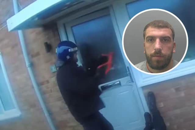 Police carry out the raid at the home. Viktor Sokolaj (inset) has now been jailed