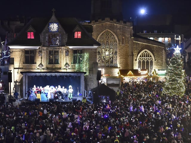 Switching on of the Christmas lights 2023 at Peterborough Cathedral Square.