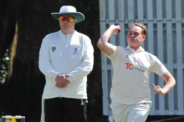 Kester Sainsbury bowling for Market Deeping against Bourne. Photo Chris Lowndes.