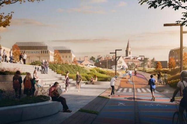 This image shows the proposed public space at the Queensgate Roundabout (Station to City Link) in Peterborough