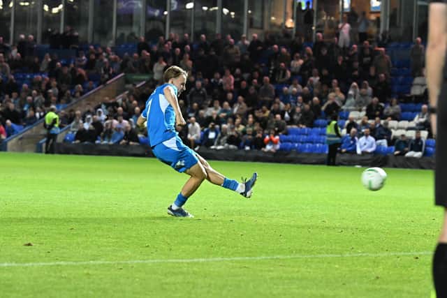 Harrison Jones converts the winning  penalty for Posh v Barnsley. Photo David Lowndes.