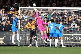 Posh goalkeeper Jed Steer at full stretch during the 1-0 win at Cambridge United. Photo: Joe Dent/theposh.com.
