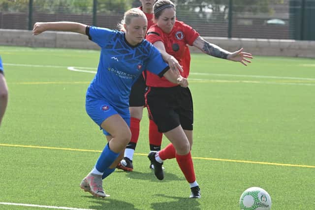 Action from Netherton United (red) v Whittlesey Athletic in the Women's FA Cup at the Grange. Photo David Lowndes.