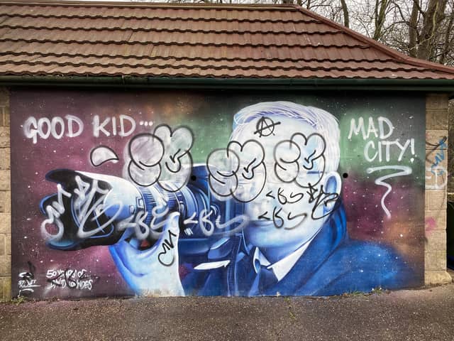 The vandalised mural close to Eastfield Cemetery.