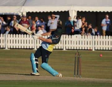 Sam Potter of Burghley Park is bowled during sixes finals night. Photo: Andy Dann.
