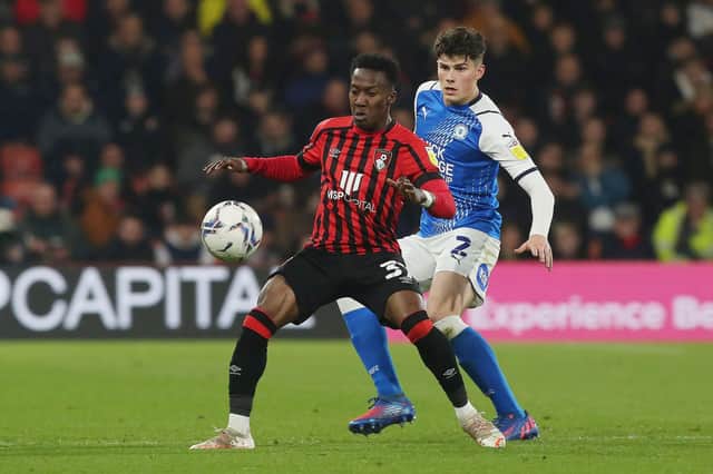 Siriki Dembele in action for Bournemouth against Posh in March.