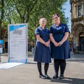 Displayed at Cathedral Arch in Peterborough, the stark 16-ft-long receipt, which overspills its frame and trails along the ground, reveals just how much Sue Ryder’s palliative care and bereavement services cost to run. (Image: Beth Crockatt).