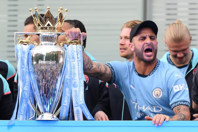 Kyle Walker of Manchester City celebrates the club's latest Premier League success. Photo by Ben Roberts Photo/Getty Images.