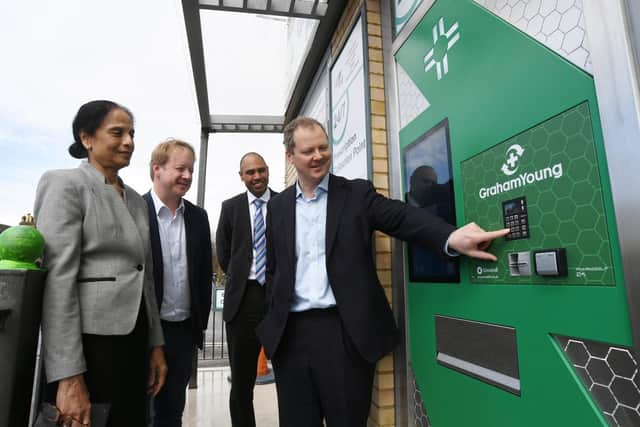 From left, Dr Nalini Modha, Peterborough MP Paul Bristow, Dr Neil Modha and Neil O'Brien Minister for Primary Care and Public Health during his visit to the Thistlemoor Medical Centre looking at the outdoor prescription collection points.