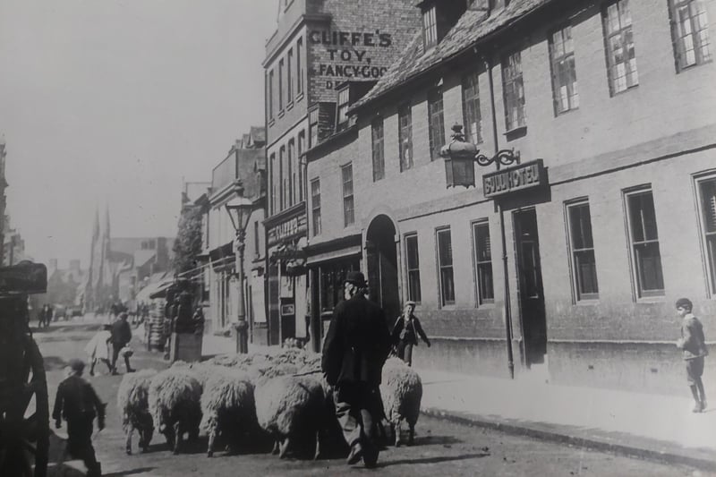 The Bull Hotel in Westgate in and old and undated photo - with sheep being herded down the street.