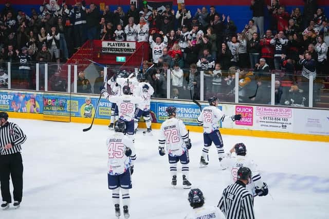 Peterborough Phantoms celebrate their dramatic overtime win over Swindon Wildcats (Picture: Willow Florence Photography).